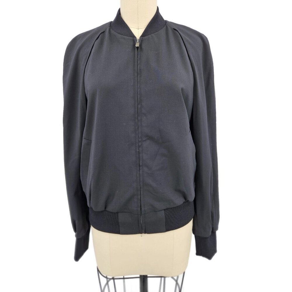 New Dkny Black Bomber Jacket Womens Petite Open Sleeve Wool Blend